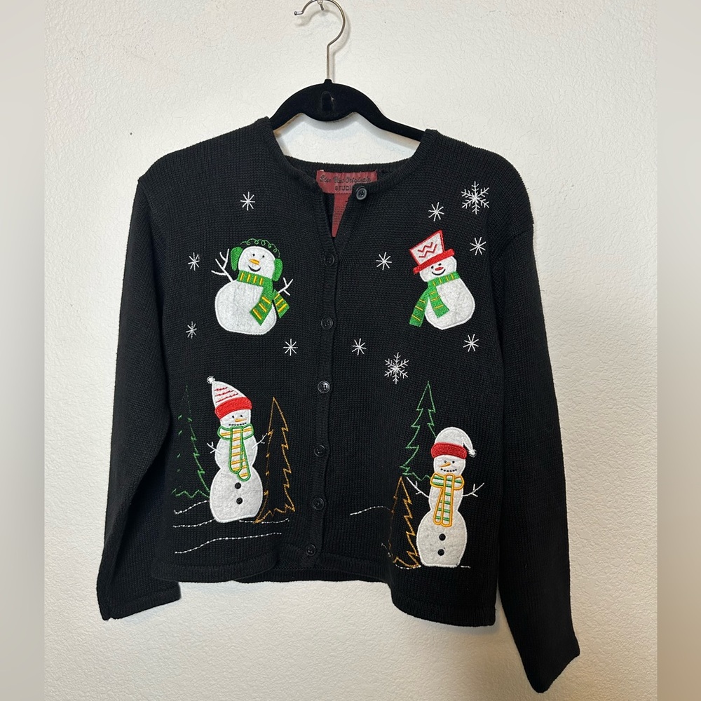 Vintage 90s Snowman Christmas sweater - Button up black cardigan - Size medium
